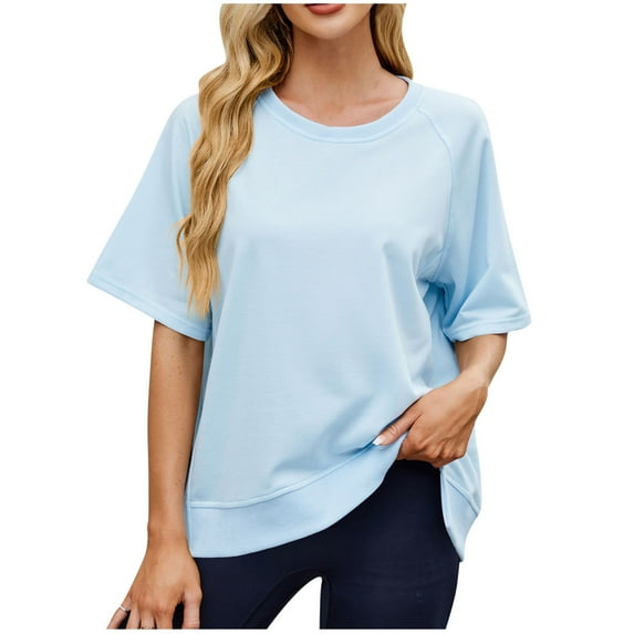 CaComMARK PI Sale Plus Size Summer Tops for Women Short Sleeved Fashion Casual Spring Solid Color Round Neck Loose Top Sky Blue 16-18(XL)