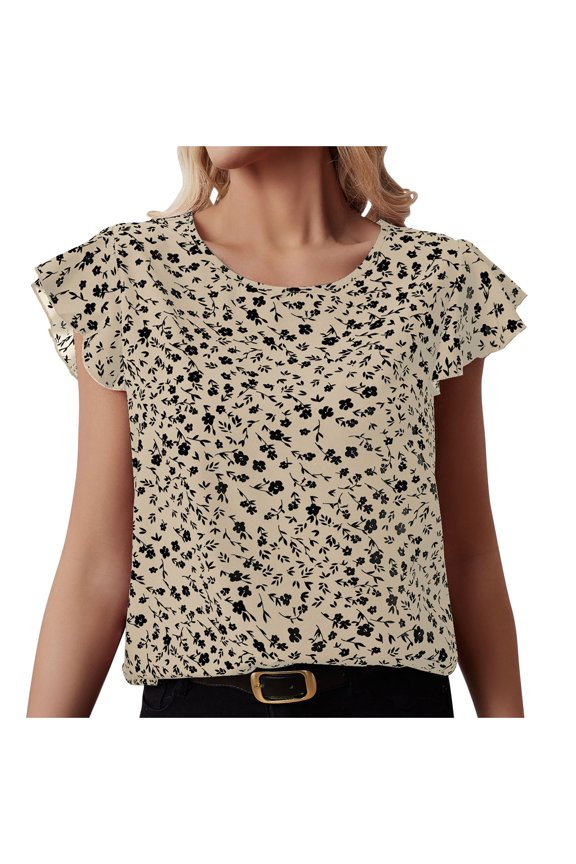 Sale Womens Top Shirt Summer Casual Floral Print Round Neck Basic Ruffle Sleeve Blouses Beige L(L)