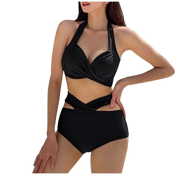 CaComMARK PI Sale Womens Tummy Control Bathing Suits Sexy Modest High Waisted Bikini Sets Cute Halter 2 Piece Swim Suit 2025 Black M