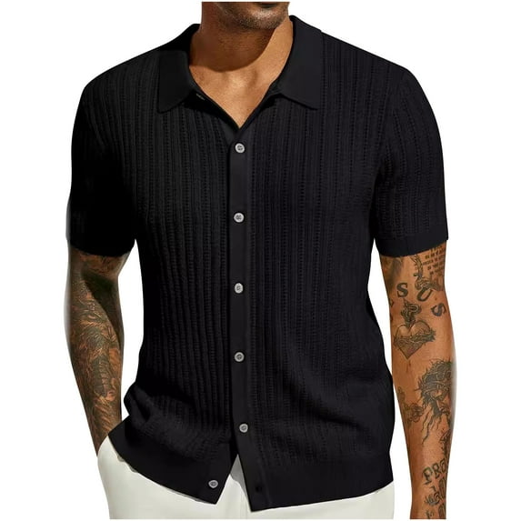 CaComMARK PI Summer Men's Knit Button Down Shirt Vintage Solid Color Short Sleeve Polo Shirts Casual Beach Tops
