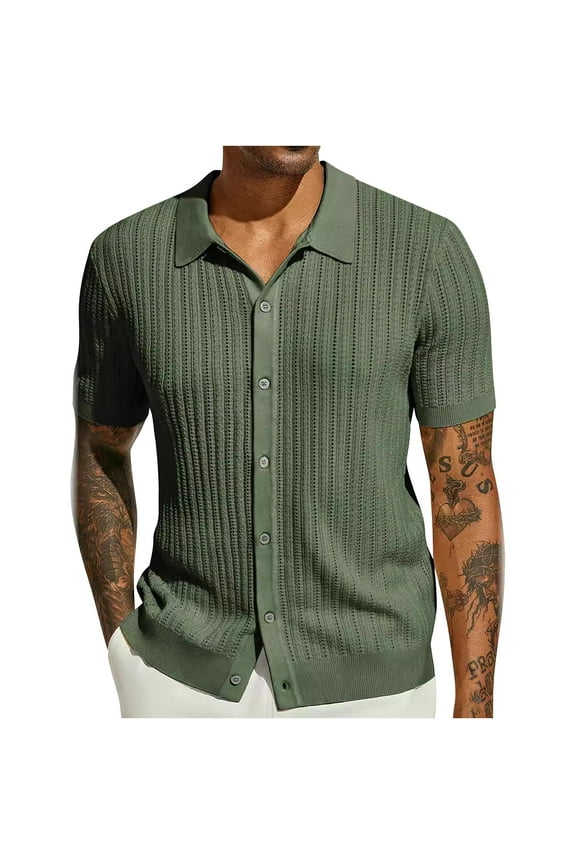 Summer Men's Knit Button Down Shirt Vintage Solid Color Short Sleeve Polo Shirts Casual Beach Tops
