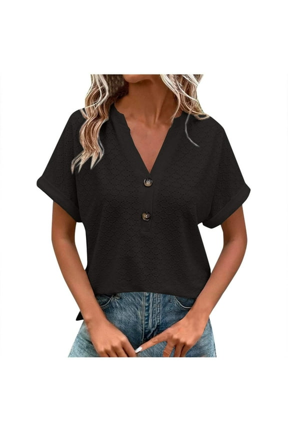 Summer Tops for Women Women's Casual Solid Button V Neck T-shirt Blouse Black