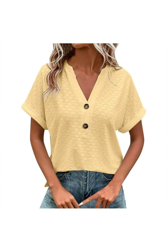 Summer Tops for Women Women's Casual Solid Button V Neck T-shirt Blouse Yellow