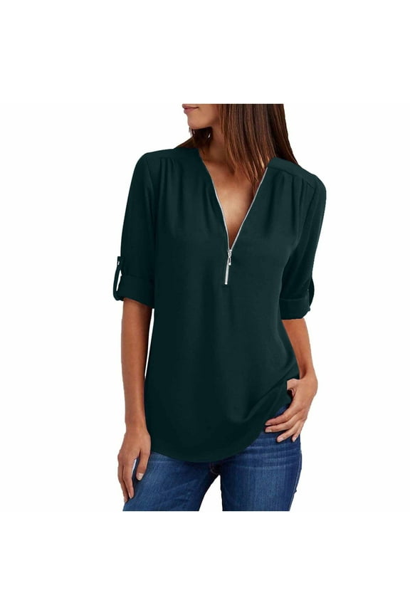 Summer Tops for Women Women's Long Sleeve Shirts Zip Casual Tunic V-Neck Rollable Blouse Green
