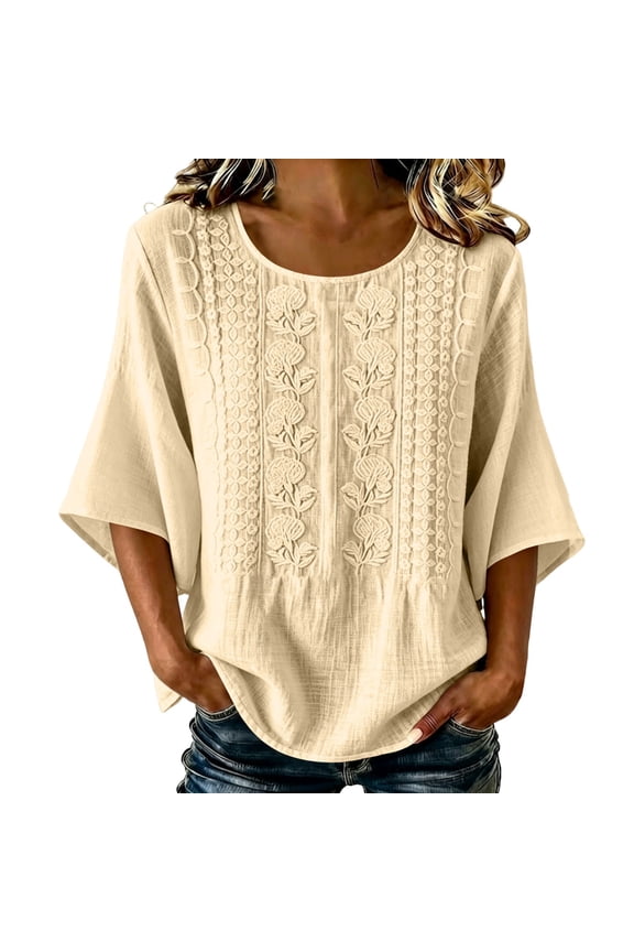 Summer Tops for Women Cotton Linen 3/4 Sleeve Embroidered Round Neck Blouses Casual Loose Boho Tunic Shirt Beige