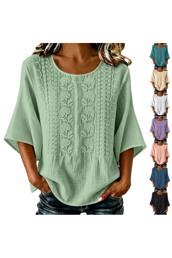 Summer Tops for Women Cotton Linen 3/4 Sleeve Embroidered Round Neck Blouses Casual Loose Boho Tunic Shirt White