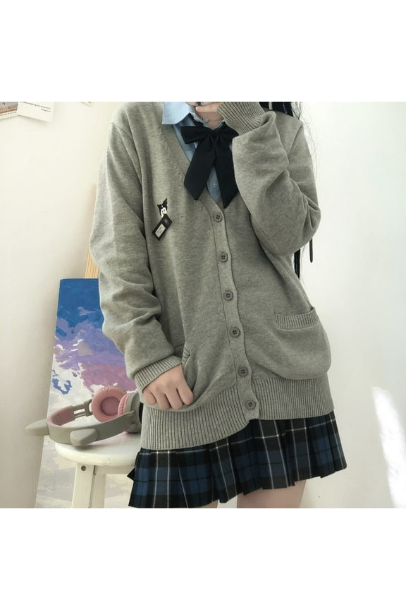 Cute Autumn Winter Kuromi JK Uniform Sweater - Sanrio Anime Kawaii Cartoon Long Sleeve Cardigan Hoodie Top - Sweet Knit Clothing Yk2