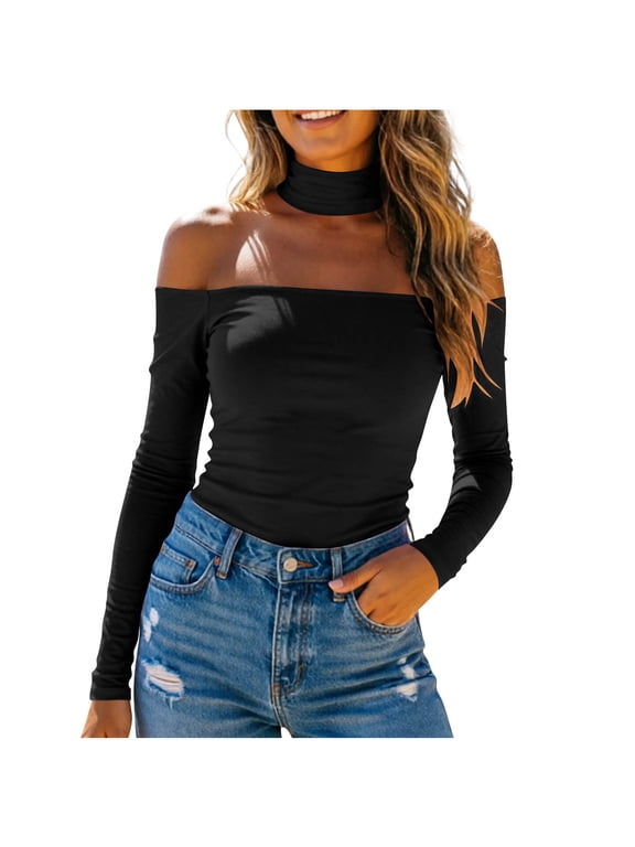 Trendy Womens Long Sleeve off the Shoulder Tops Going Out Basic Fall Outfits Tops Black