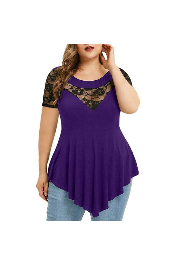 Tunic Tops for Women Plus Size Women Solid Floral Lace Round Neck Asymmetric Three Quarter Blouse Purple