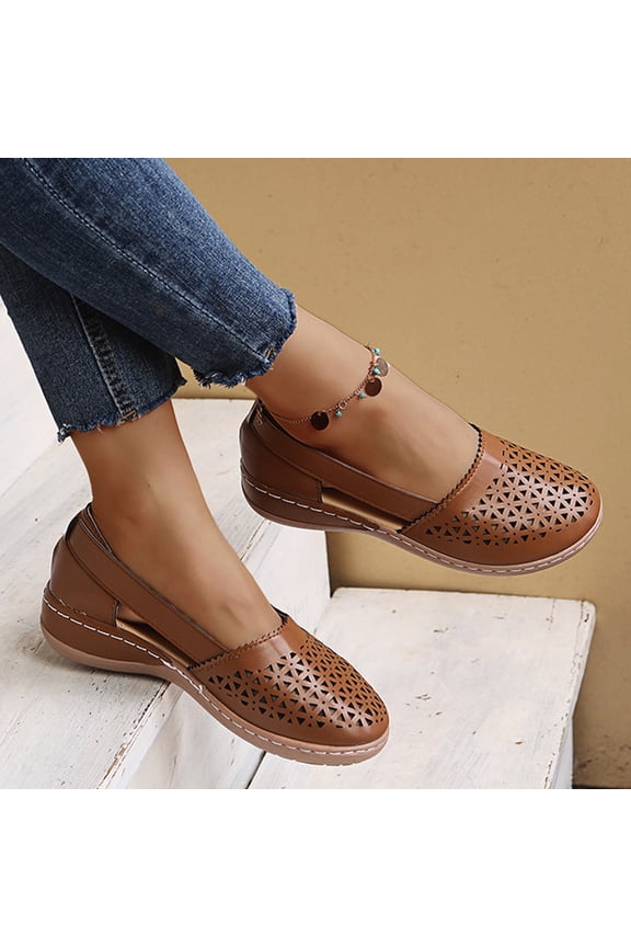 Woman Sandals Dressy Flat Sandals Women's Hollow Out Casual Shoes Solid Round Head Comfortable Platform Sandals Shoes On Sale Brown