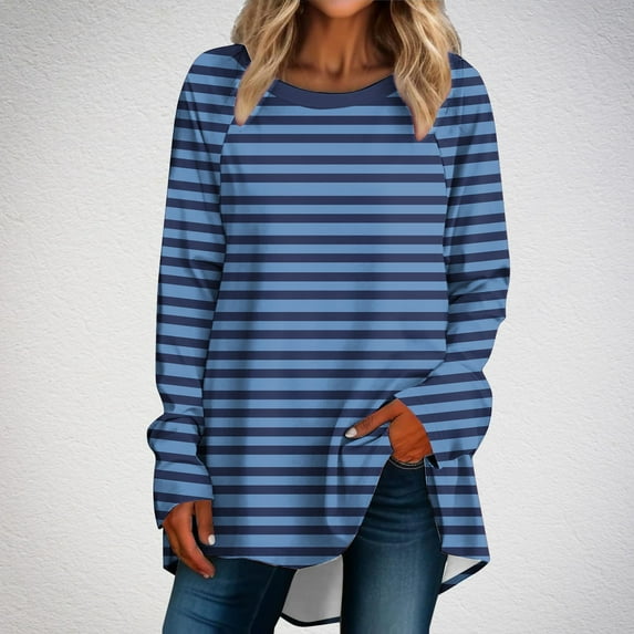 CaComMARK PI Women Clothes Casual Full Sleeve Round Neck Striped Tops T Shirt Loose Blouse Print Graphic Shirt sales today clearance