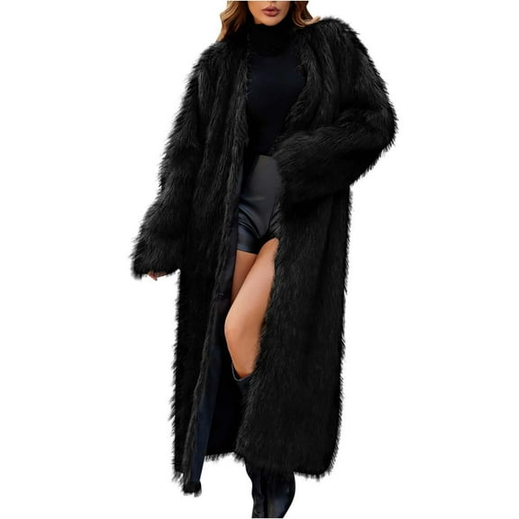 CaComMARK PI Women Faux Fur Overcoat Warm Long Sleeve Parka Faux Fur Winter Coat Lapel Full-Length Outwear Maxi Fluffy Jacket Black 8(L)