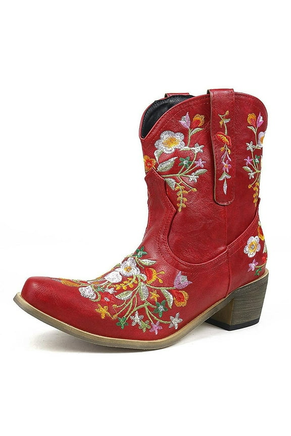 Women Shoes Embroidered Cowboy Riding Warm Middle Heels Tube Short Footwear Red