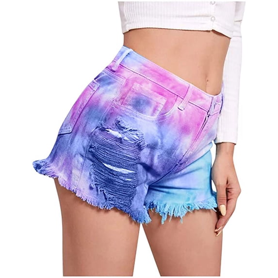 CaComMARK PI Women Shorts Clearance Women Pocket Tie-dye Jeans Denim Pants Female Hole Bottom Casual Shorts Dark Blue