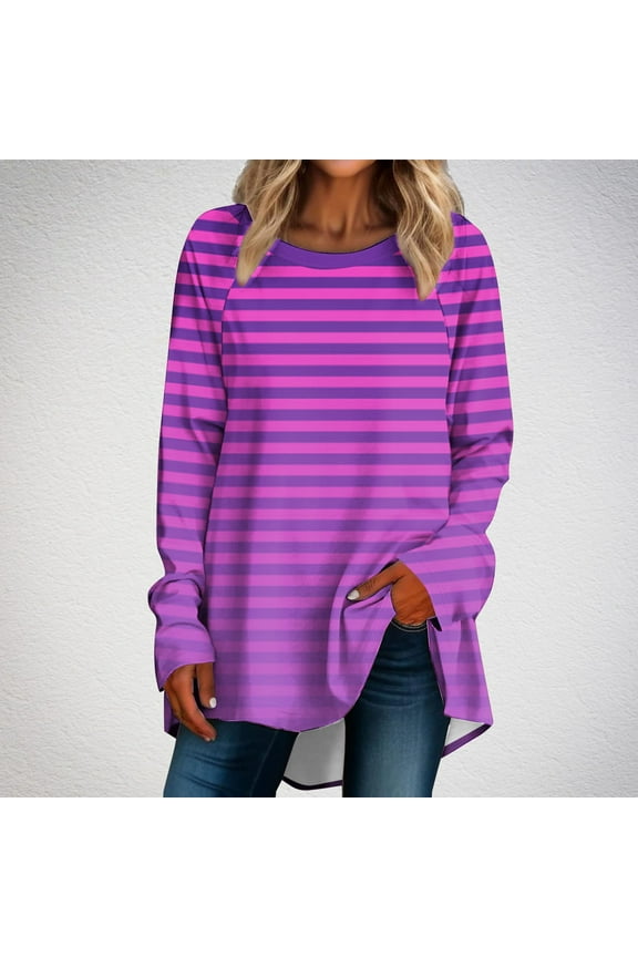 Women Tops Casual Full Sleeve Round Neck Striped Tops Long Sweatshirts Loose Blouse Print Graphic T Shirt sales today
