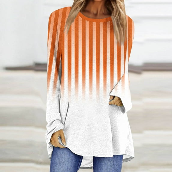 CaComMARK PI Women Tops Trendy 2024 Casual Full Sleeve Round Neck Striped Print Graphic Tops Loose Blouse T Shirt sales today deals prime
