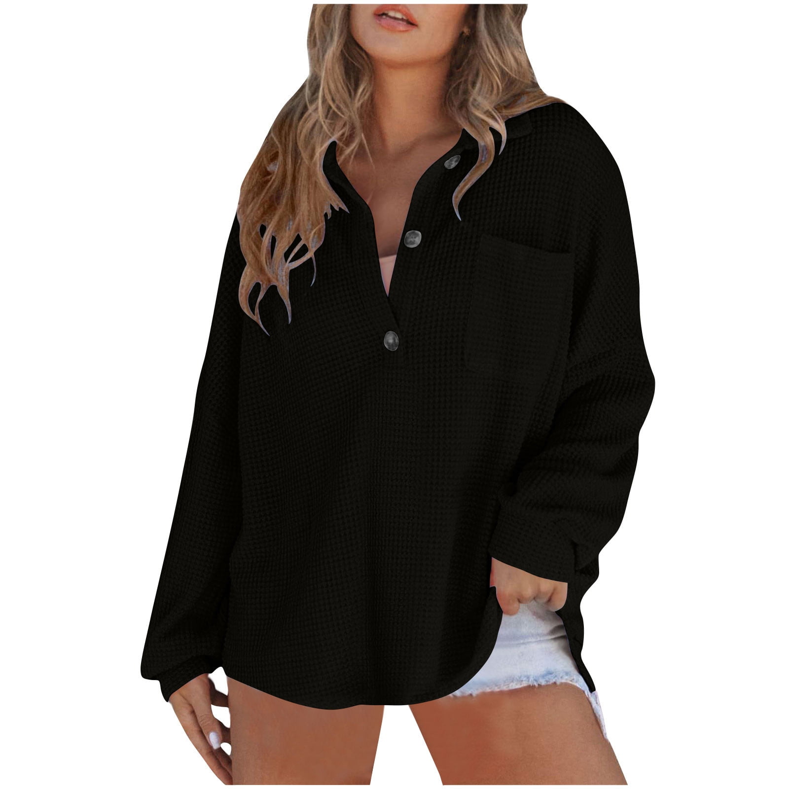 Zeagoo Women's V-Neck Waffle Knit Top - Long Sleeve Color Block Tunic, Fall Fashion Button Detail Blouse