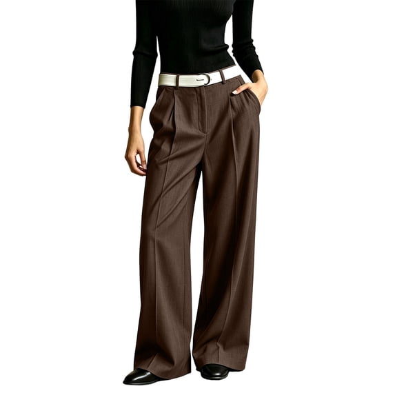 CaComMARK PI Women's Baggy Casual Dress Pants Lightweight Pleated Wide Leg Pants Loose Relaxed Fit Trousers Brown
