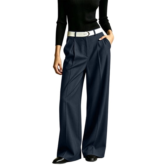 CaComMARK PI Women's Baggy Casual Dress Pants Lightweight Pleated Wide Leg Pants Loose Relaxed Fit Trousers Navy