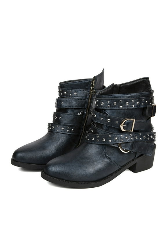 Women's Boots Girls Short Bootie Cowboy Motorcycle Leather Shoes Mid Heel Ankle Boots Blue