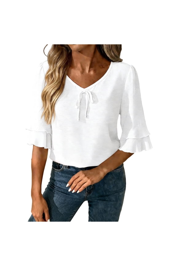 Women's Bow Tie V Neck Tops Casual Elegant Layered Ruffle Cuffs Tunic Blouse Tie Business Spring Summer White