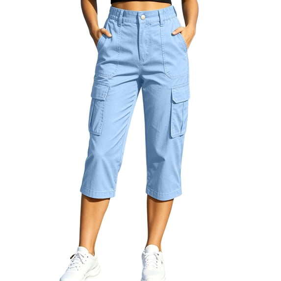 CaComMARK PI Women's Capris with Pockets Loose Fit Casual Capri Pants Dressy Lightweight Ladies Cargo Hiking Pants Blue