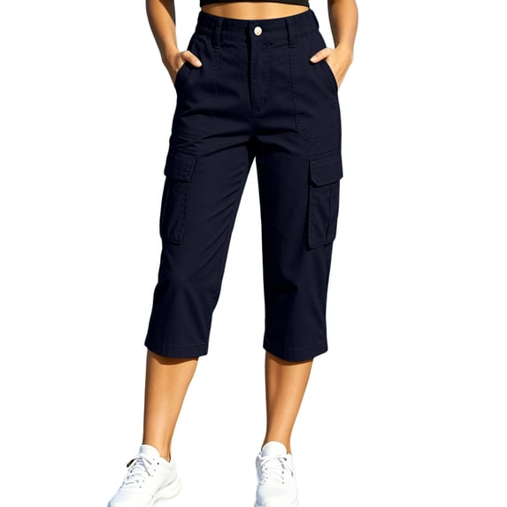 CaComMARK PI Women's Capris with Pockets Loose Fit Casual Capri Pants Dressy Lightweight Ladies Cargo Hiking Pants Navy