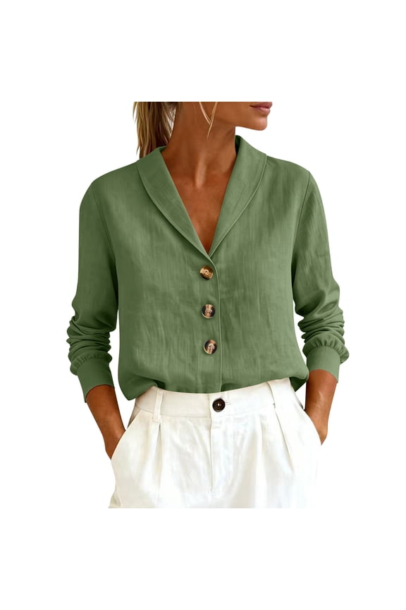 Women's Casual Cotton Linen Button Up V Neck Lapel Shirt Spring Summer Long Sleeve Loose Tunic office Work Blouse Tops Green-A