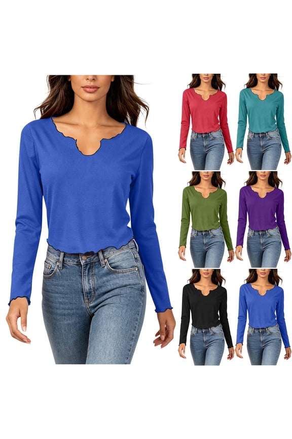 Women's Casual Long Sleeve Shirts Notch Crew Neck T-Shirts Tops Fall Fashion Lettuce Trim Blouses Red