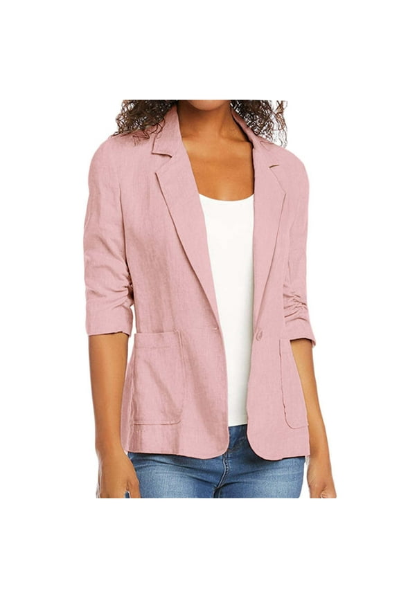 Women's Cotton Linen Casual Lightweight Blazer Jackets Suit Turn Down Collar 3/4 Sleeve Casual Coat Cardigan Blouse Sales Today