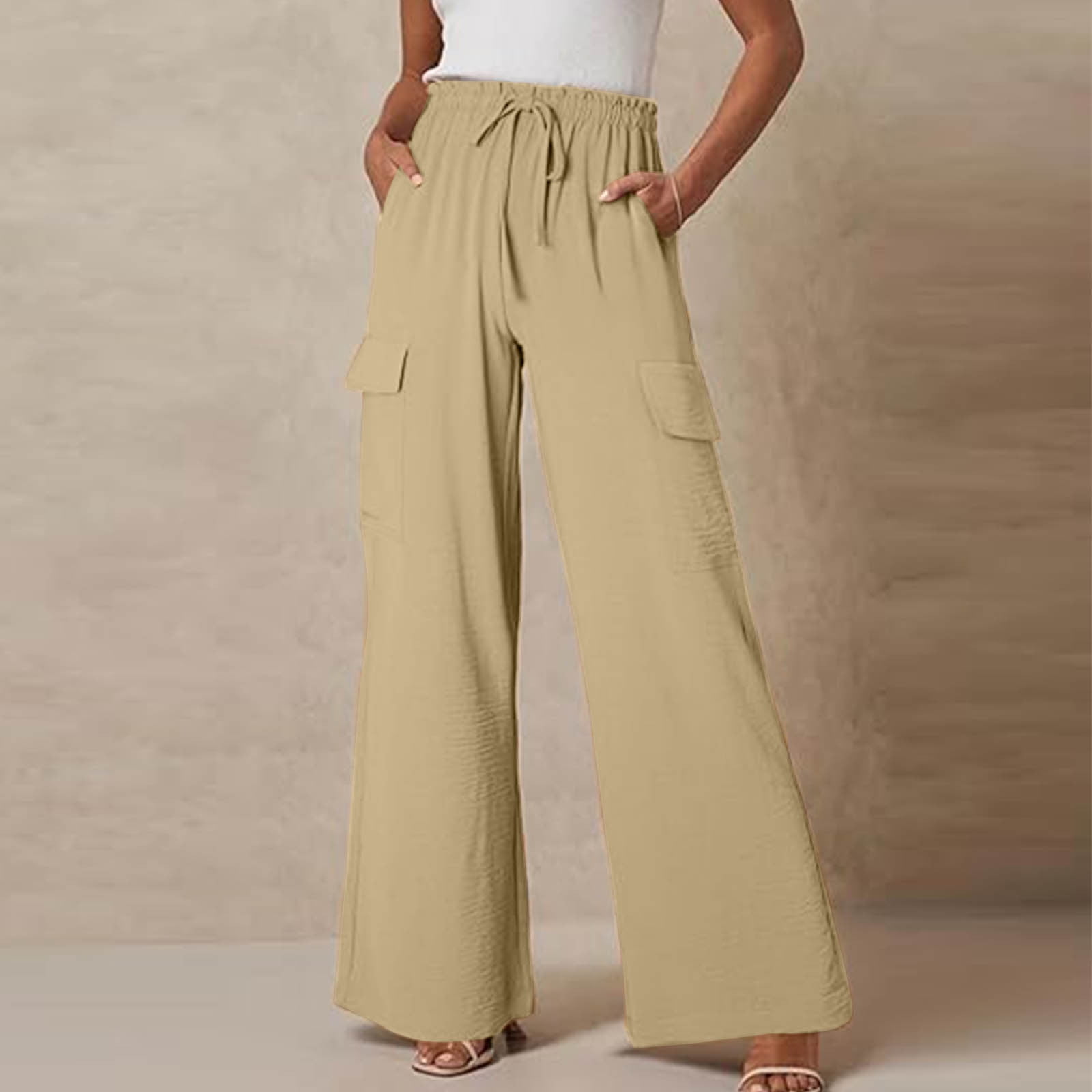 PI Women's Cotton Linen Pants Wide Leg Beach Pants Drawstring