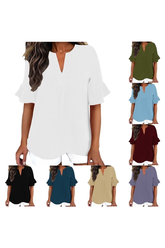 Women's Cotton Linen Shirts V-Neck Ruffle Half-Sleeve Casual Summer Loose Fit Blouses White