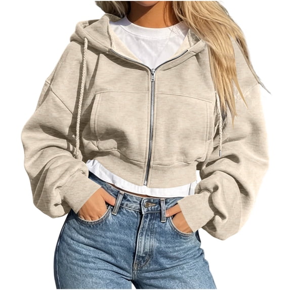 CaComMARK PI Women's Cropped Zip Up Hoodie Lightweight Sweatshirt Casual Long Sleeve Drawstring Crop Tops with Pockets Beige