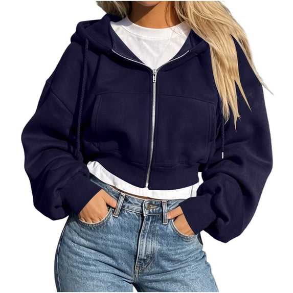 CaComMARK PI Women's Cropped Zip Up Hoodie Lightweight Sweatshirt Casual Long Sleeve Drawstring Crop Tops with Pockets Navy