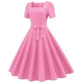 thumbnail image 1 of CaComMARK PI Women's Dresses Womens Flare Vintage BowKnot Prom Short Sleeve Polka-Dot Printing A Line Dress Pink, 1 of 7