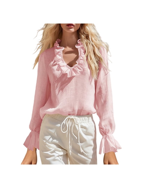 Women's Elegant Ruffle Trim V Neck Long Sleeve Blouse with Ruffled Cuffs Casual Casual Flowy Blouse Pink