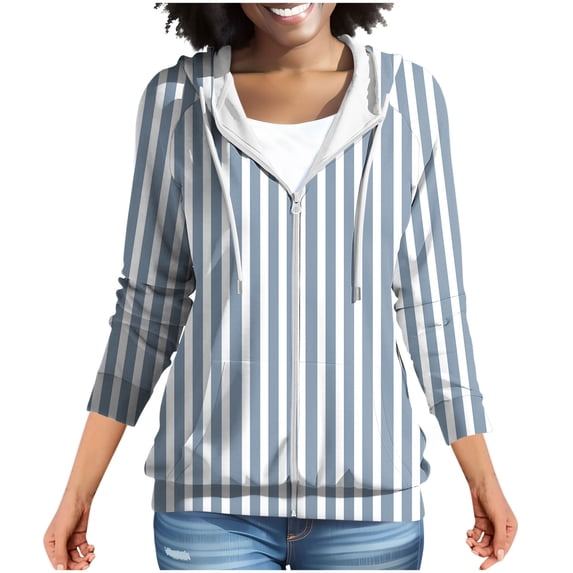 CaComMARK PI Women's Fleece Lined Zip Up Hoodie Long Sleeve Jacket Lightweight Striped Print Tops with Pockets Blue