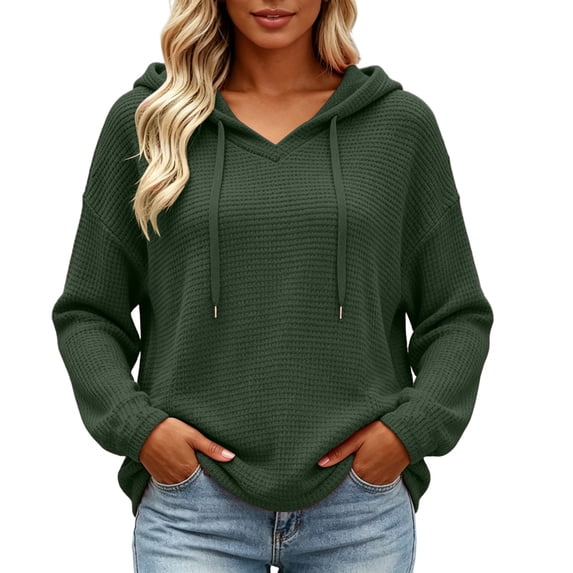 CaComMARK PI Women's Hoodies V Neck Drawstring Hooded Sweatshirt Loose Fit Casual Textured Long Sleeve Pullover Tops Army Green