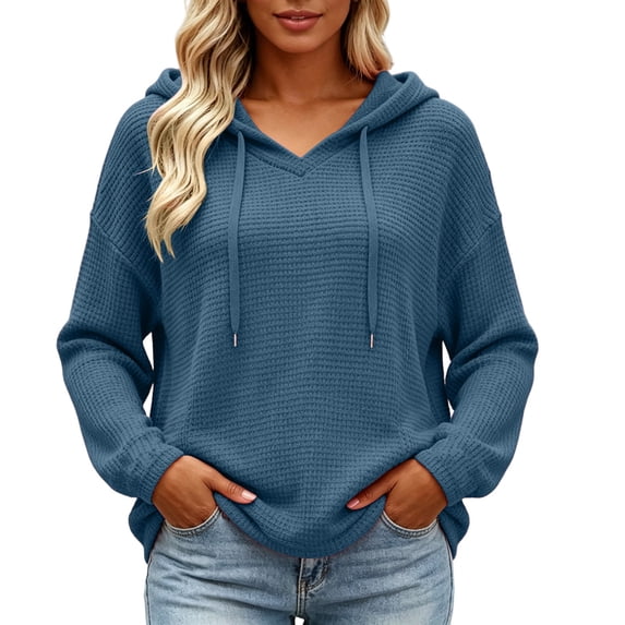 CaComMARK PI Women's Hoodies V Neck Drawstring Hooded Sweatshirt Loose Fit Casual Textured Long Sleeve Pullover Tops Blue