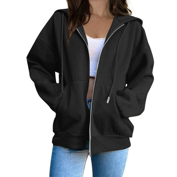 CaComMARK PI Women's Jacket Clearance Fashion Solid Color Zipper Hoodie Sweatshirt Long Sleeve Pockets Hoodied Tops Black 4(S)