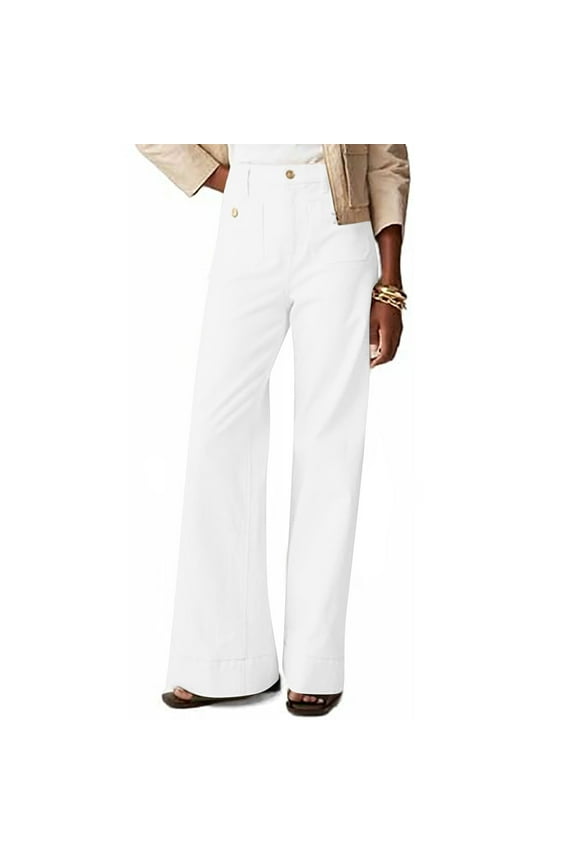 Women's Jeans Clearance Fashion Casual Pocket Button High Waist Solid Color Wide Leg Denim Pants White 10(XL)
