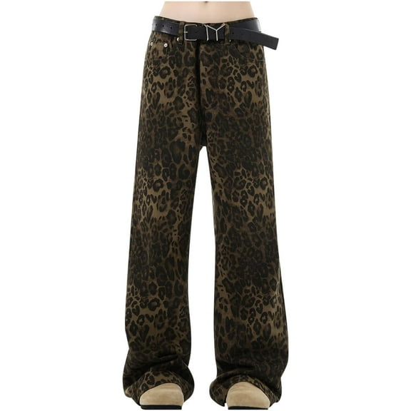 CaComMARK PI Women's Jeans Y2K Leopard Print Chic Street Style Wide Leg Denim Pants Retro Hip Hop Loose Trouser Brown 10(XL)