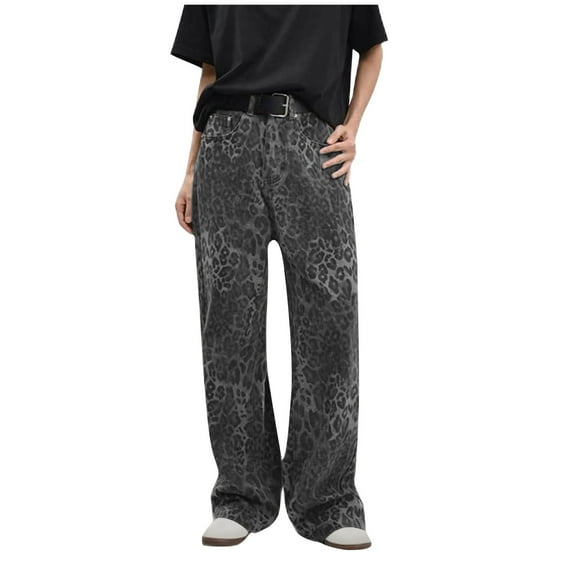 CaComMARK PI Women's Jeans Y2k Leopard Prints High Waisted Versatile Straight Slender Loose Leg Pants Gray 4(S)