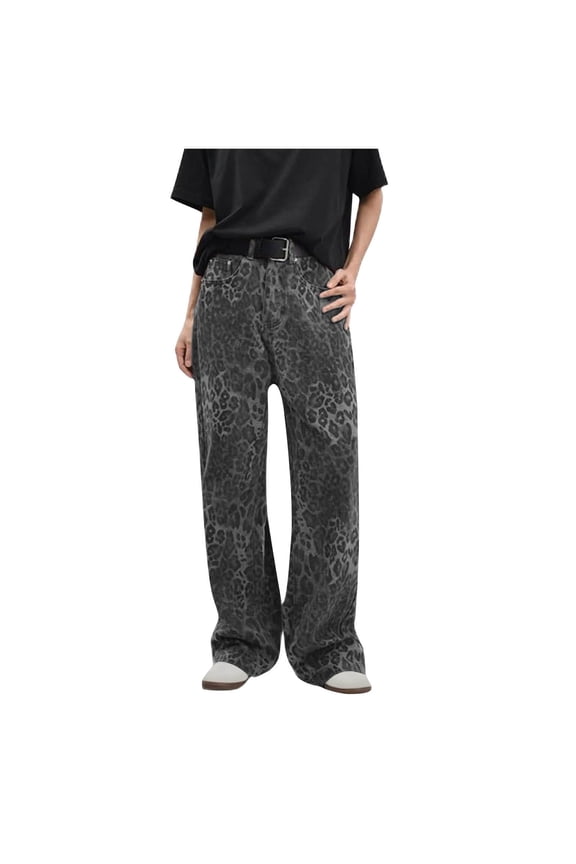 Women's Jeans Y2k Leopard Prints High Waisted Versatile Straight Slender Loose Leg Pants Gray 4(S)