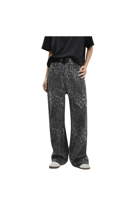 Women's Jeans Y2k Leopard Prints High Waisted Versatile Straight Slender Loose Leg Pants Gray 6(M)