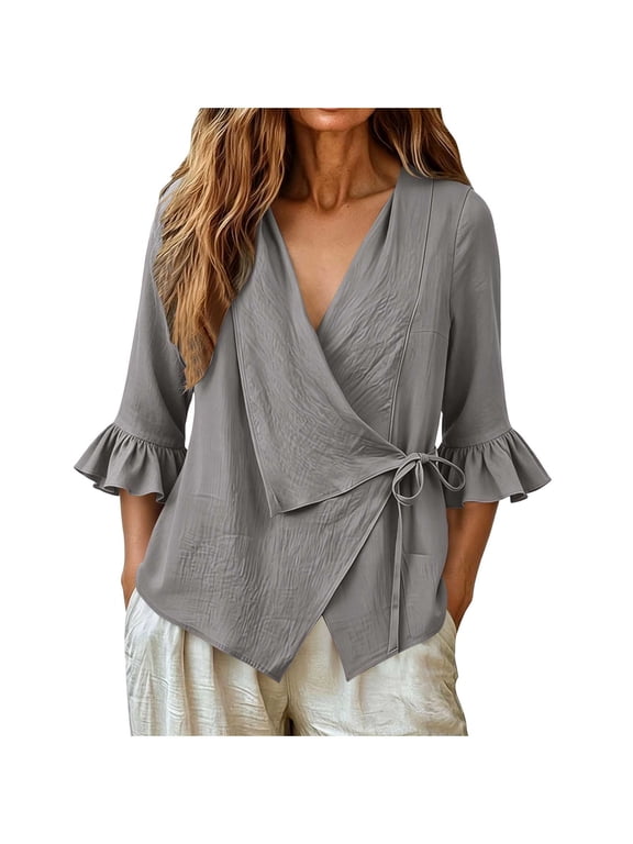 Women's Linen Tops Dressy Cotton 3/4 Ruffle Sleeve V-Neck Wrap Front Blouse Casual Loose Fit Boho Shirts Gray