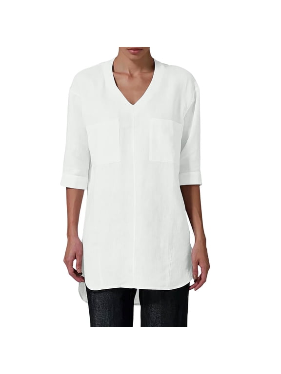 Women's Linen Tunic Shirts 3/4 Sleeve V Neck Chest Pockets High Low Hem Blouse Loose Fit Casual Cover Up Tops White-A