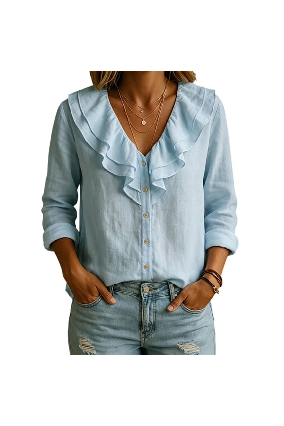 Women's Long Sleeve Ruffle Blouse Dressy V Neck Button Down Shirts Cotton Linen Comfy Victorian Tops Light Blue