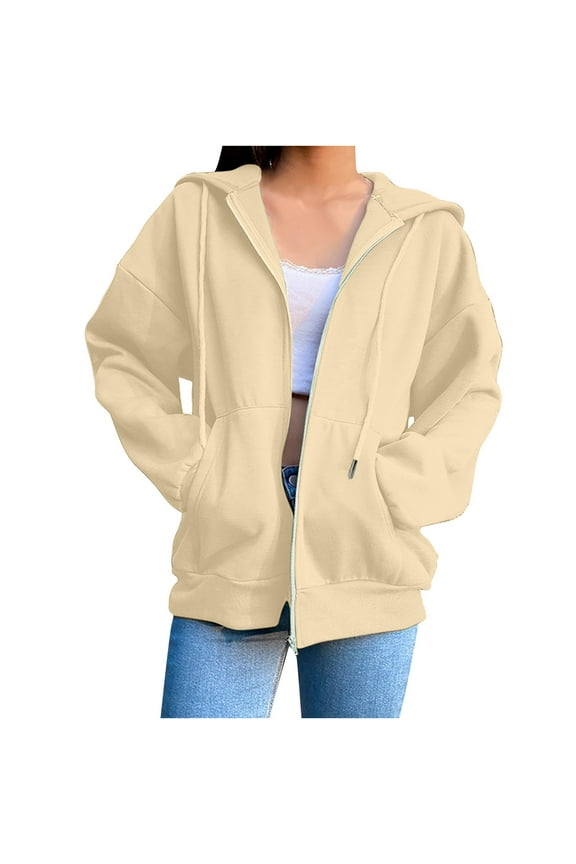 Women's Long Sleeve Shirts/ Coat Women Solid Color Blouse Tops Pockets Hoodied Sweatshirt Zipper Hoodie Yellow