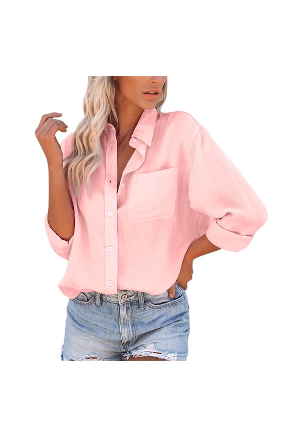 Women's Long Sleeve Tops Casual Pockets Solid Turn-Down Neck Cardigan Loose T-Shirt Autumn Button Blouse Pink